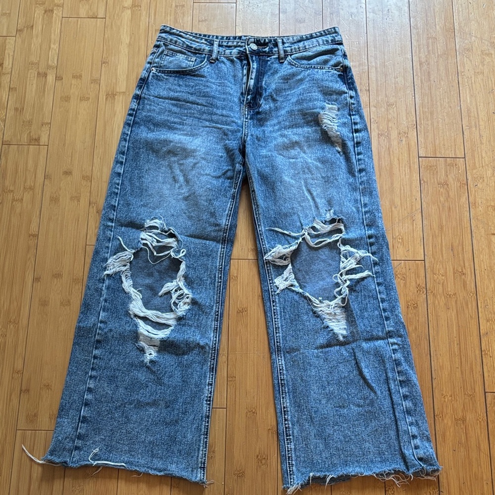 SHEIN Blue Distressed Flare Jeans